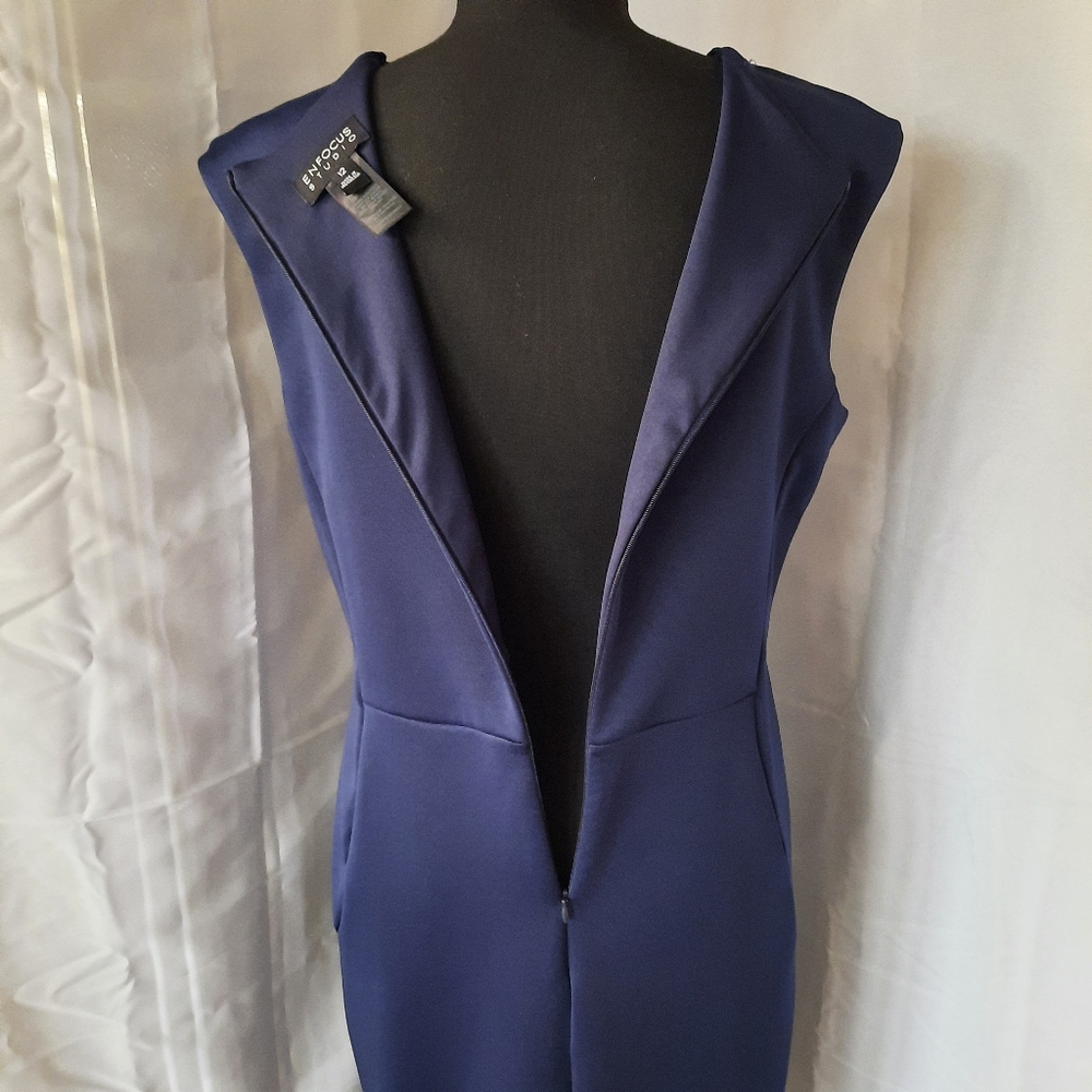 EnFocus Navy Blue Sheath Dress Women Sz 12 V Neck Eyelet Detail Cutouts Midi - Picture 9 of 15